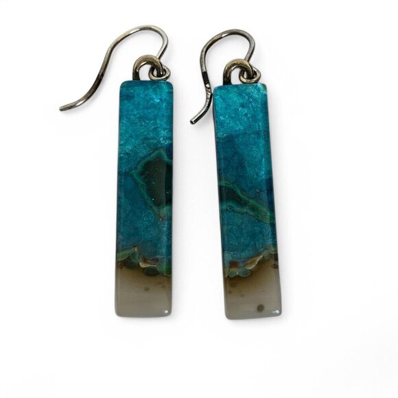 Handcrafted Phoenix Stone Rectangular Drop Earrings Blue Green Silver Hooks - Picture 5 of 14